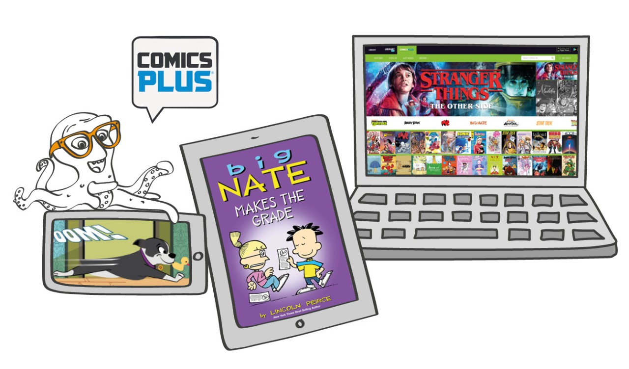 afbeelding van Comics Plus op laptop, tablet en telefoon